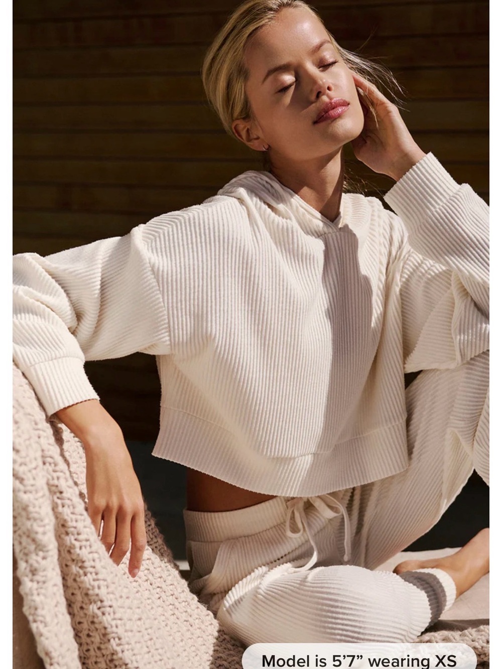 Alo Yoga Ivory Ribbed Cropped Hoodie Lounge Set Soft Knit Pullover Sweatshirt